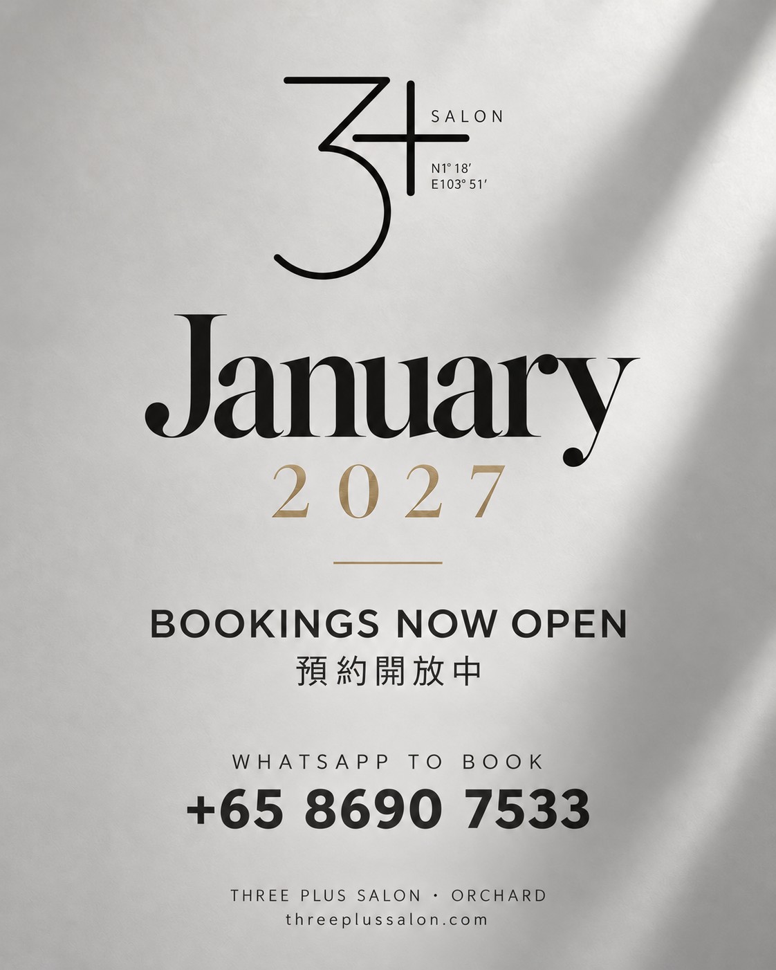 January 2027 open for booking, WhatsApp +65 8690 7533 · 2027 年 1 月预约开放中